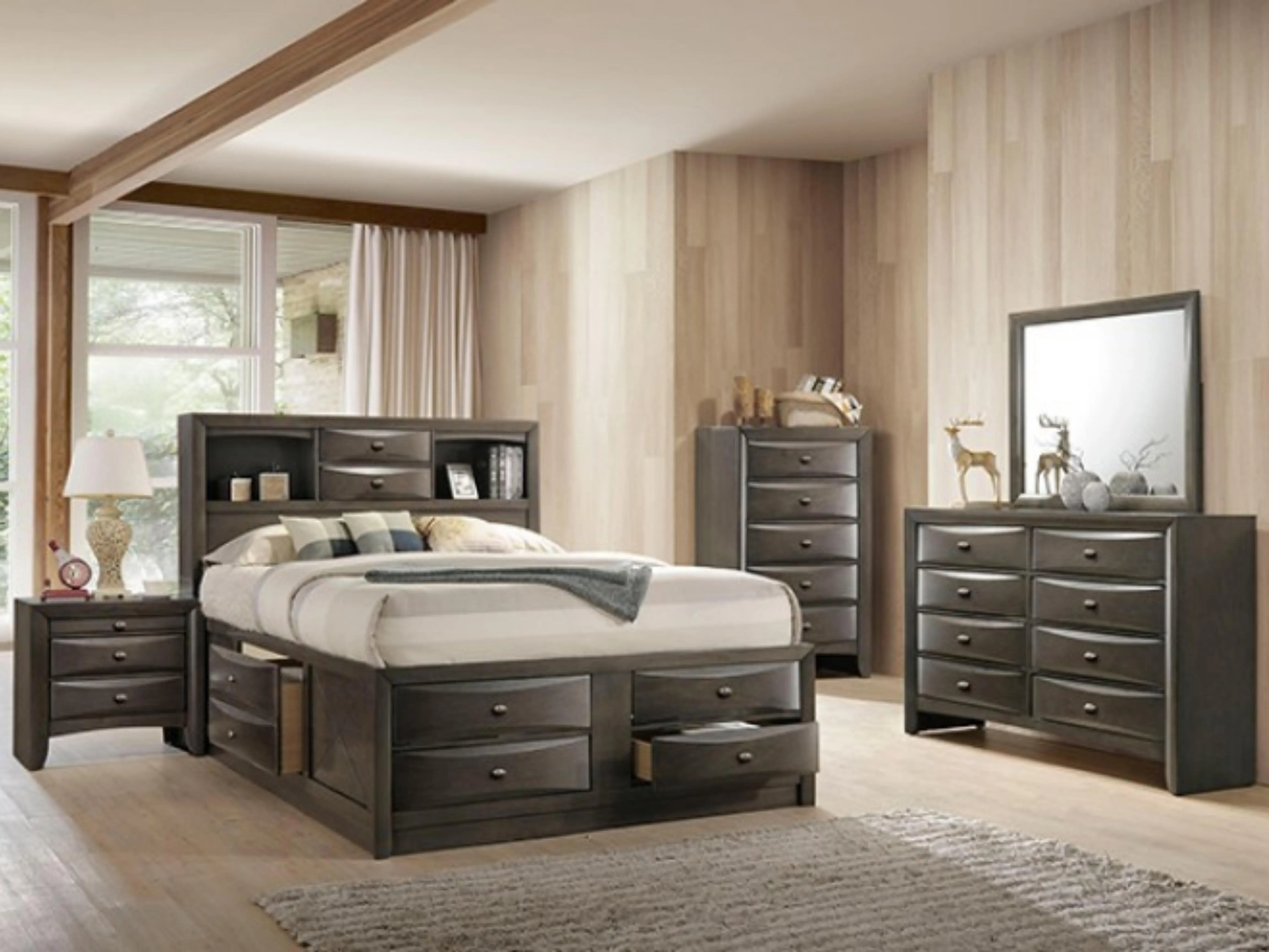 FM7210GY-4PC 4 pc Zosimo grey finish rounded front queen captains storage bed with drawers bedroom set