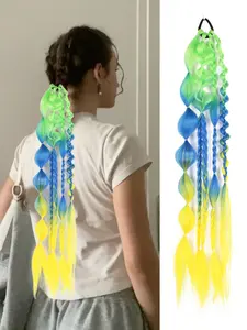 Women's Long Blue Multi-Color Braided Ponytail Extension, Bubble Ponytail Hair Accessory for Music Lovers