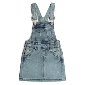6M-10T Trendy Girls Denim Skirts, Casual Ripped Overall Dress with Holes, Soft Stretchy Jean Style Pinafore Jumper