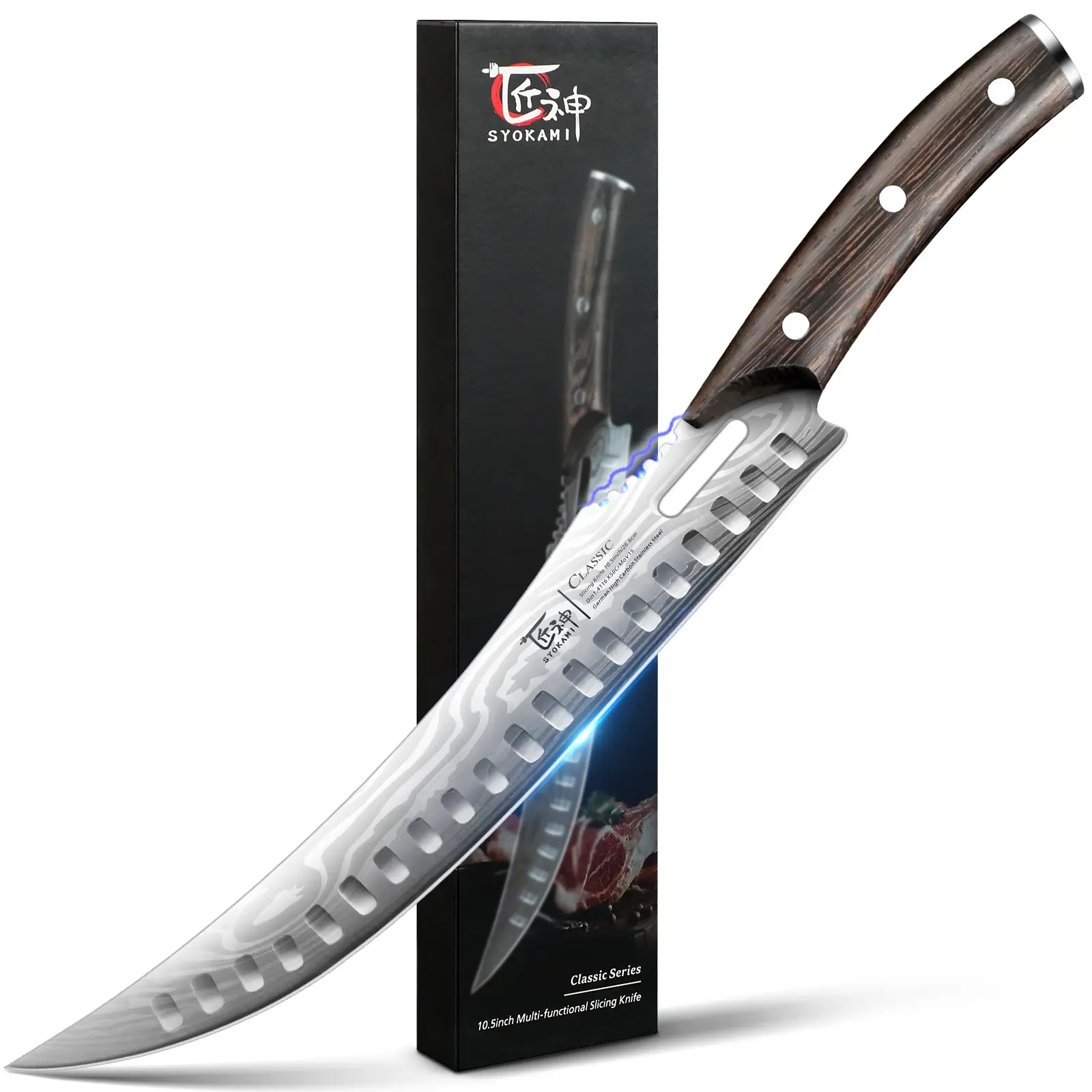 SYOKAMI Butcher Knife, 10.5 Inch High Carbon Japanese Style Carving Knife with Wood Full Tang Handle, Damascus Pattern, Razor Sharp Breaking Knife wit