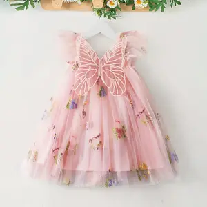 Lovely Girls Butterfly Dress Flying Sleeve Cute Fairy Princess Mesh Dress Embroidery Flower Girl Dress for Wedding Baby Girls Dresses for Summer