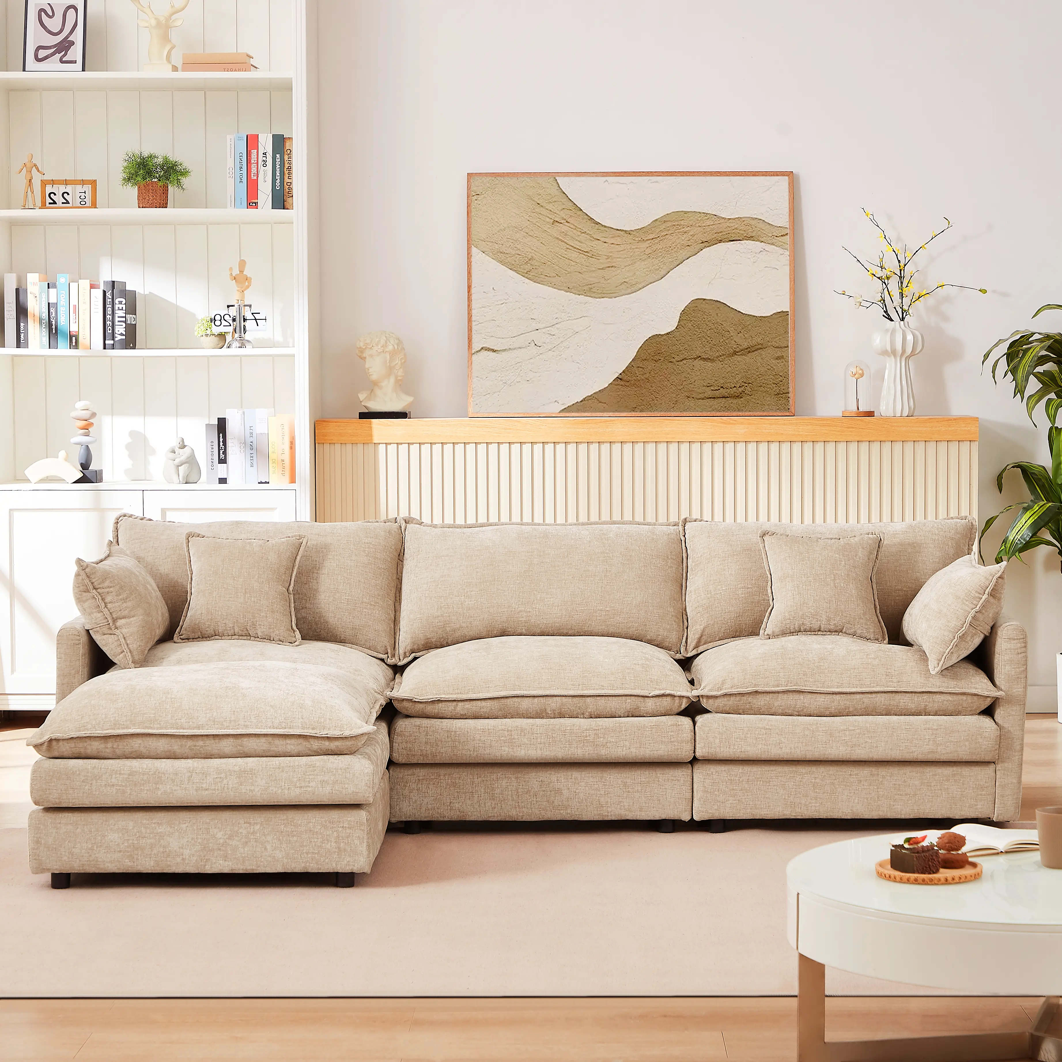 Chenille Upholstered Sectional Couch - 105" L-Shape Modern Modular 3-Seater Convertible Indoor Living Room Furniture with Ottoman, Sturdy Comfy Plush Deep Seat, Removable Cushions
