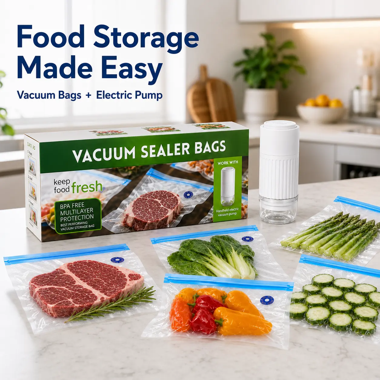 ZOKO Food Vacuum Sealer for Food with Vacuum compression pump, Handheld Saver Vacuum Sealer Machine with 15 Reusable Bags for 5X Preservation & Fresh