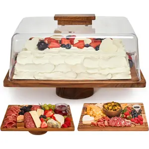 Wood Cake Stand with Lid –2-in-1 Rectangular Charcuterie Board & Dessert Display, Shatterproof Acrylic Dome Cover for Freshness, Serving Platter for Parties, Gifts for Mom &