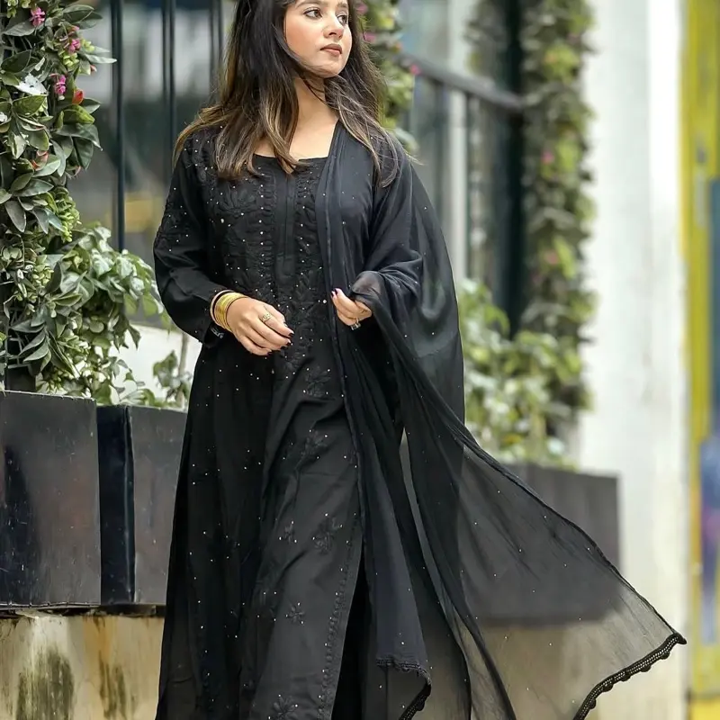 Lucknow Chikankari Mukesh Work 3pc Suit with Kureshiya Dupatta - Black Party Wear Women's Clothes with Exquisite Ryon Fabric & Kureshiya Finish