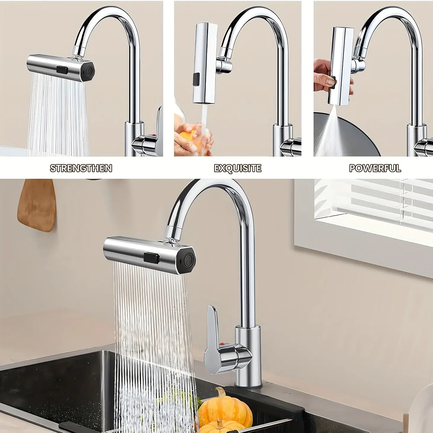 [Touch-Controlled Faucet] 3in 1 Touch-Controlled 360° Waterfall Kitchen Faucet | Large-Scale, Swivel Spout, Extender for Kitchen Sink, Vegetable and Fruit Washing - Zinc Alloy Construction, Chrome Finish, Contemporary Style, Centerset Mounting