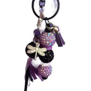 Elegant Purple and Black Keychain with Dragonfly & Tassel Charm - Classy Beaded Design Perfect Gift for Special Someone