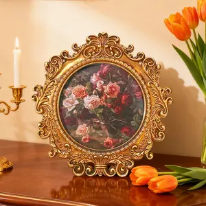 French Court Style Leaf Pattern Round Relief Photo Frame, Resin Hand-Painted Vintage Decor, Dual Use Wall & Table, Perfect for Home Decoration