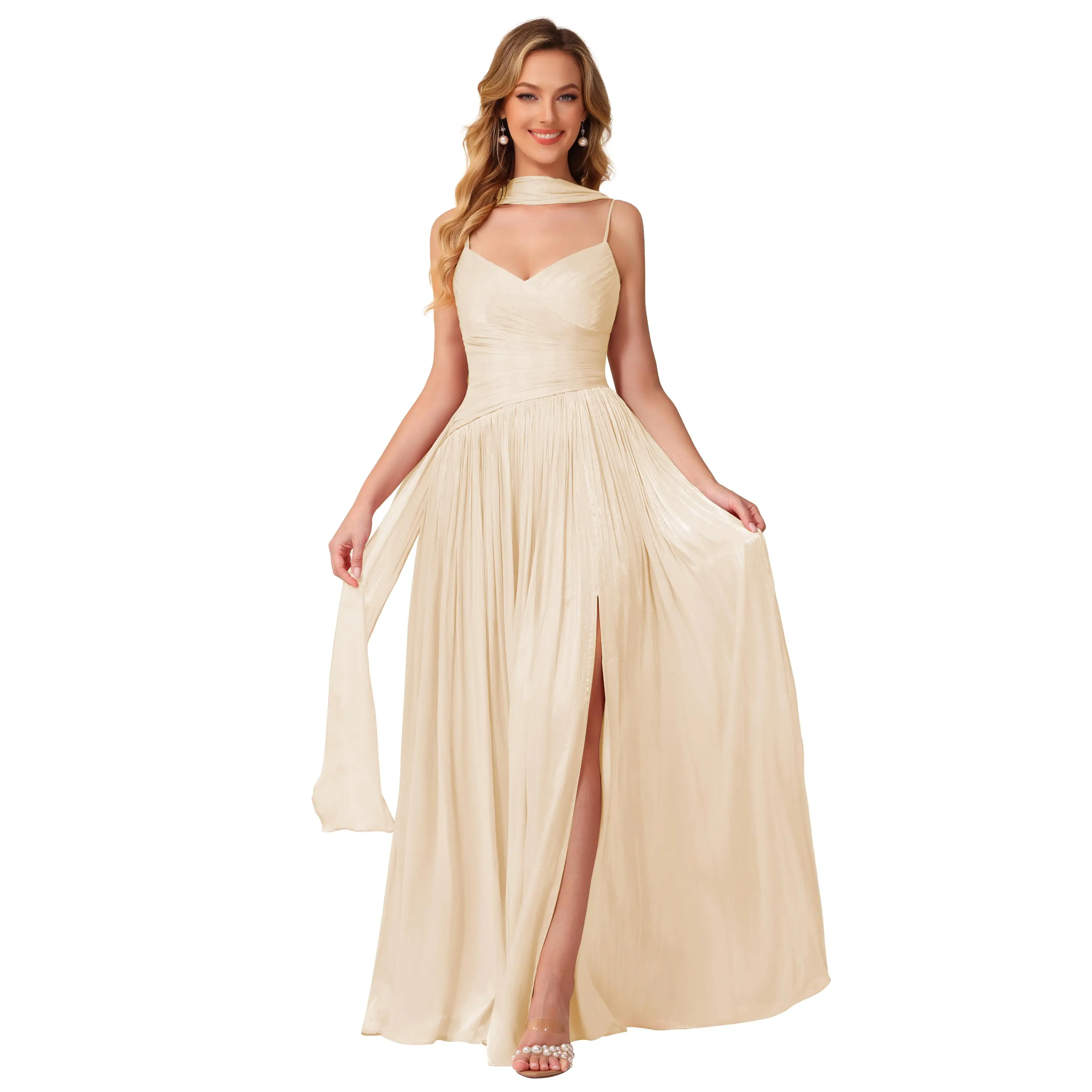 Women's Shimmer Chiffon Bridesmaid Dresses with Scarf V Neck Pleated A Line Long Formal Evening Dress,Normal Type,Lace up Back,Hidden Side Pockets,Ladies Clothes  for All Seasons
