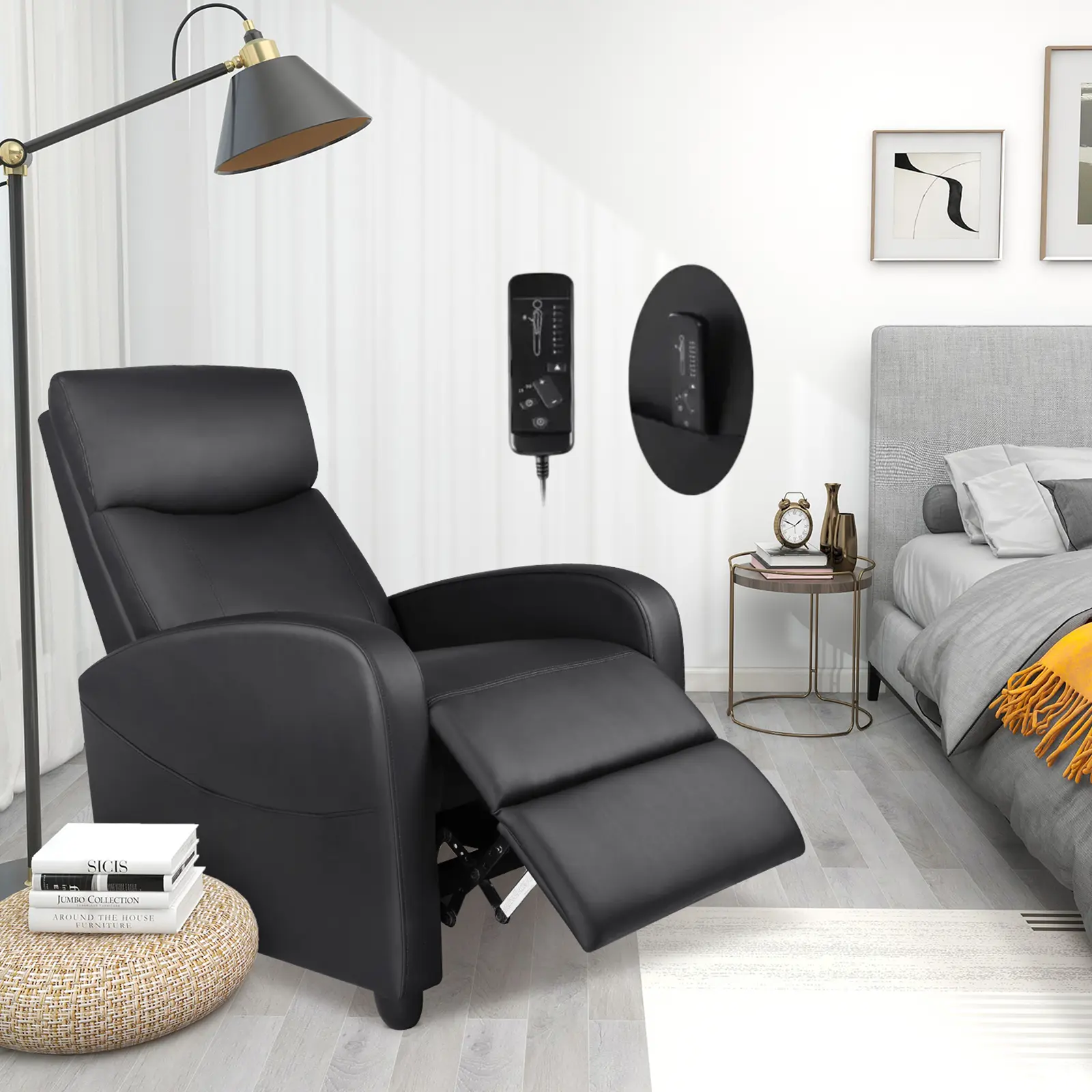 Recliner Chair with Massage and Heating, 90°-160° Adjustable Single Sofa for Living Room, Fabric/Leather Lounge Chair with Remote Control