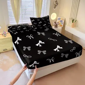 Black & white striped bow-knot print 3 Pcs fitted sheet set, Bedsheet sets, including 2 coreless pillowcases, stylish & durable, soft & comfortable, a trendy choice for bedroom decor, a great gift option, available in multiple styles