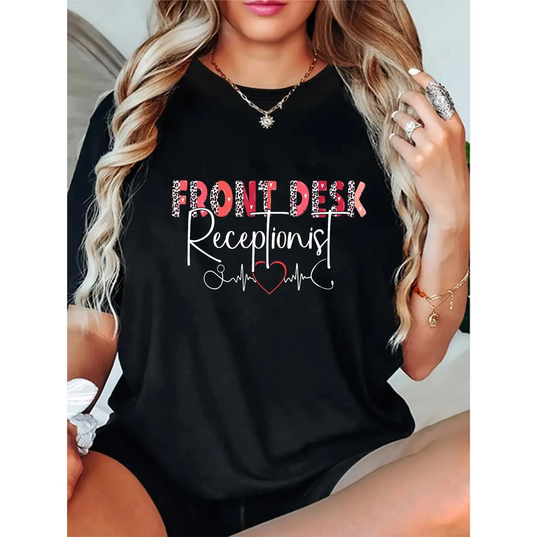 Women's 100% Cotton Regular Fit Crew Neck Short Sleeve T-Shirt - Front Desk Receptionist Digital Print, Geometric Design, Valentines Day Basics, All Seasons Casual Top