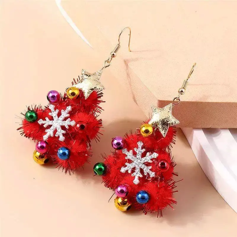 Red Christmas Tree Earrings with Star & Snowflake | Colorful Holiday Dangle Earrings | Festive Xmas Jewelry