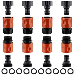 16 Pieces Garden Hose Quick Connect Fittings 3/4 Inch Plastic Water Hose Quick Connect Male and Female Water Hose End Adapters with 10 Pieces Rubber Washer (Red)
