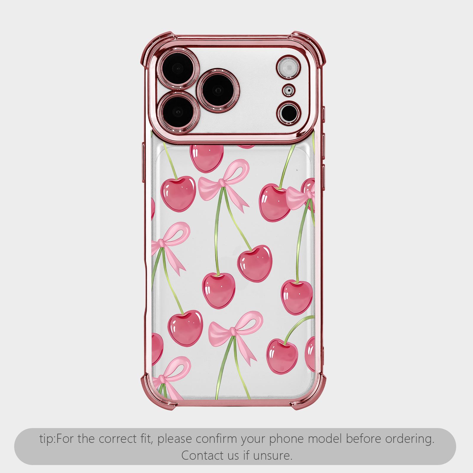 Cherry leopard print bow pattern four-corner shockproof transparent electroplated protective phone casefor iPhone Samsung Galaxy 17 Air 16Pro Max 15 14Plus 13 12 11XR XS S25 S24 S23,Simple and stylish camera Protection DurablePhone Case.HY65