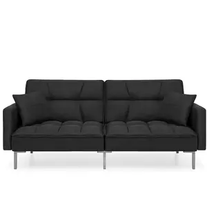 Best Choice Products Convertible Living Room Linen Fabric Tufted Split-Back Futon Sofa w/ 2 Pillows