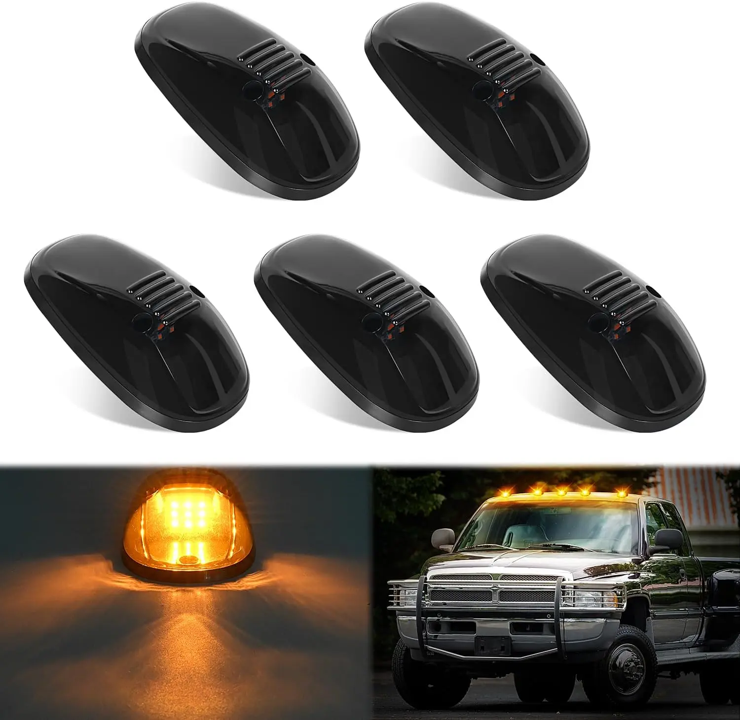 Nilight LED Cab Marker Lights, 5 PCS 9-LED Smoke Lens Amber Roof Running Clearance Lights, Car Accessories, Auto Parts Accessories Compatible with 1999-2002 Dodge Ram 2500 3500 Pickup Trucks
