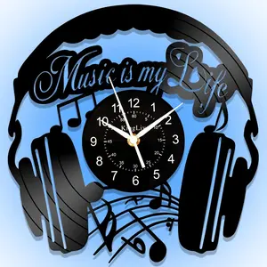 Musical vinyl record clock, illuminated music headphone wall decoration, an aesthetically pleasing gift for music lovers, 12-inch retro silent clock without ticking (batteries not included).