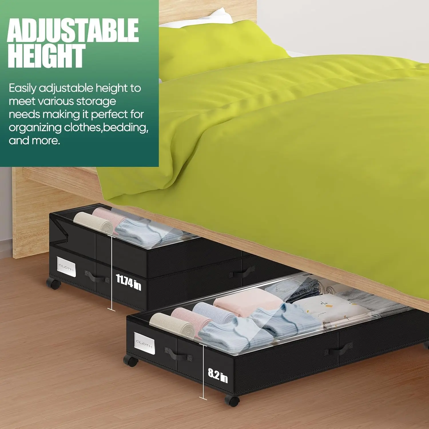 Black Under Bed Storage Bin with Wheels, 11.7"H Adjustable 80L XXL Clear-Lidded Organizer for Shoes, Clothes, Blankets