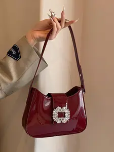 Wine red fashion simple and luxurious one-shoulder baguette bag, niche metal buckle one-shoulder underarm bag, versatile casual texture one-shoulder bag, classic small square bag, suitable for office workers, daily travel and so on, Crossbody Shoulder Bag