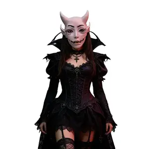 Dark Gothic Devil Horn Latex Mask, with evil design of horns and fangs, adjustable to wear, suitable for Gothic fans and content creators, Halloween horror themed party photo accessories, haunted house costume role-playing props