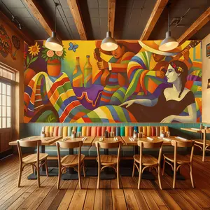 Mexican Abstract Expressionist Peel and Stick Wallpaper – Colorful Mariachi Fiesta Mural for Living Room, Studio or Cultural Space Walls