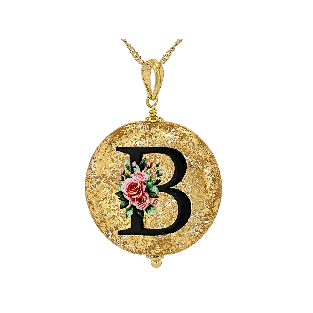 Women's Initial "B" Murano Glass Pendant Necklace, 18in Singapore Chain with 2in Extender, 1.125inL x 0.9375inW, 2.5mm Bail, Spring Ring Clasp Closure, No Warning Applicable