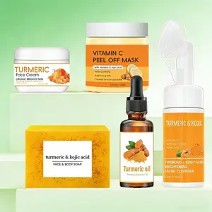 Turmeric Care Kit 6 Counts Set with Soap Cleansing Pad Mousse Cleanser Essential Oil Peel Off Mask & Soap Bag for Women Men Christmas Gifts