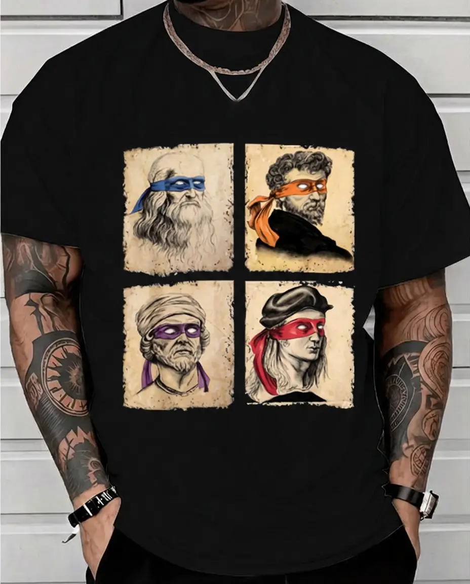 Graphic Tee Mens Casual Short Sleeve T Shirt Featuring Humorous Italian Artists and Teenage Mutant Ninja Turtles Artwork Regular Fit Round Neck Tee for Art Enthusiasts and Ninja Turtle Fans Oversized Casual Men's Letter Pattern Printed T-Shirt Streetwear
