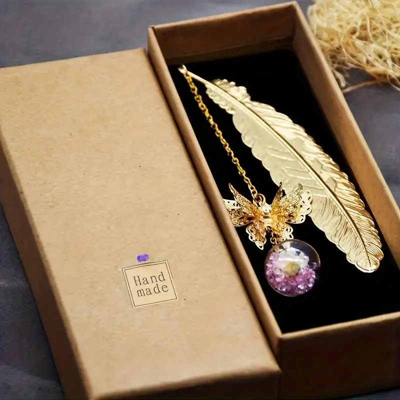 Feather & Butterfly Decor Bookmark, 1 Count Vintage Metallic Bookmark with Gift Box, Reading Gift for Teacher & Student, Office Stationery & Supplies, Craft, Book Accessories