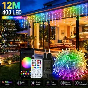 Smart RGB Icicle  Outdoor 20Ft 240LEDs 48 Drops, APP & Remote Control Music Sync Christmas Roof Icicle ,  Millions of Functions,  Clear Wire,Timer, Brightness Adjustable, Color Changing lights lampara