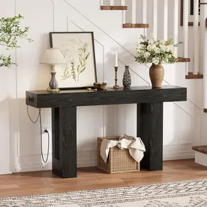 63 Inch Console Table with Power Outlet, Extra Long Sofa Table with USB & Type c Ports, Narrow Entryway Table for Hallway, Foyer Table for Living Room, Black