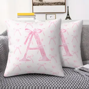 1 Pack Pink Bow Printed Throw Pillow with Core, Creative A-Z Letter Design Cushion, Fashion Home Decorative Pillow for Sofa, Bed, Living Room, Car, Perfect Girl Birthday Gift, Soft Cushions