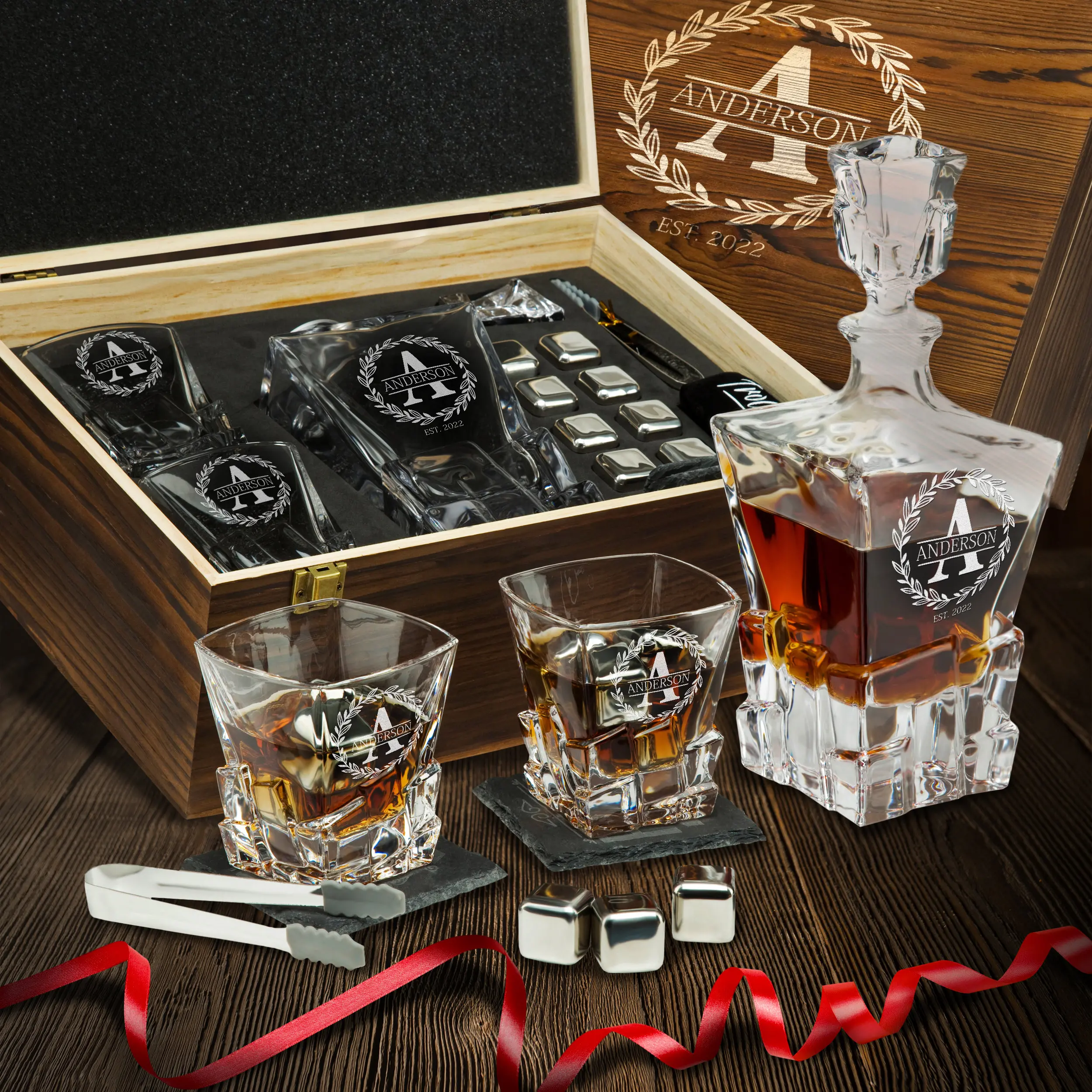 Personalized Whiskey Decanter & Stones Set - Housewarming Gift - Engraved Wedding, Birthday, Anniversary, Retirement Gift for Men, Groomsman