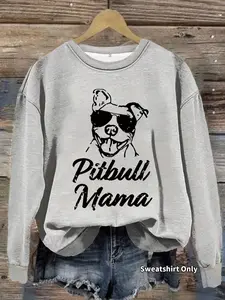 Women's Casual Pitbull Mom Graphic Pullover Sweater, Soft Long Sleeve Round Neck Sweatshirt, All-Season Comfort Wear