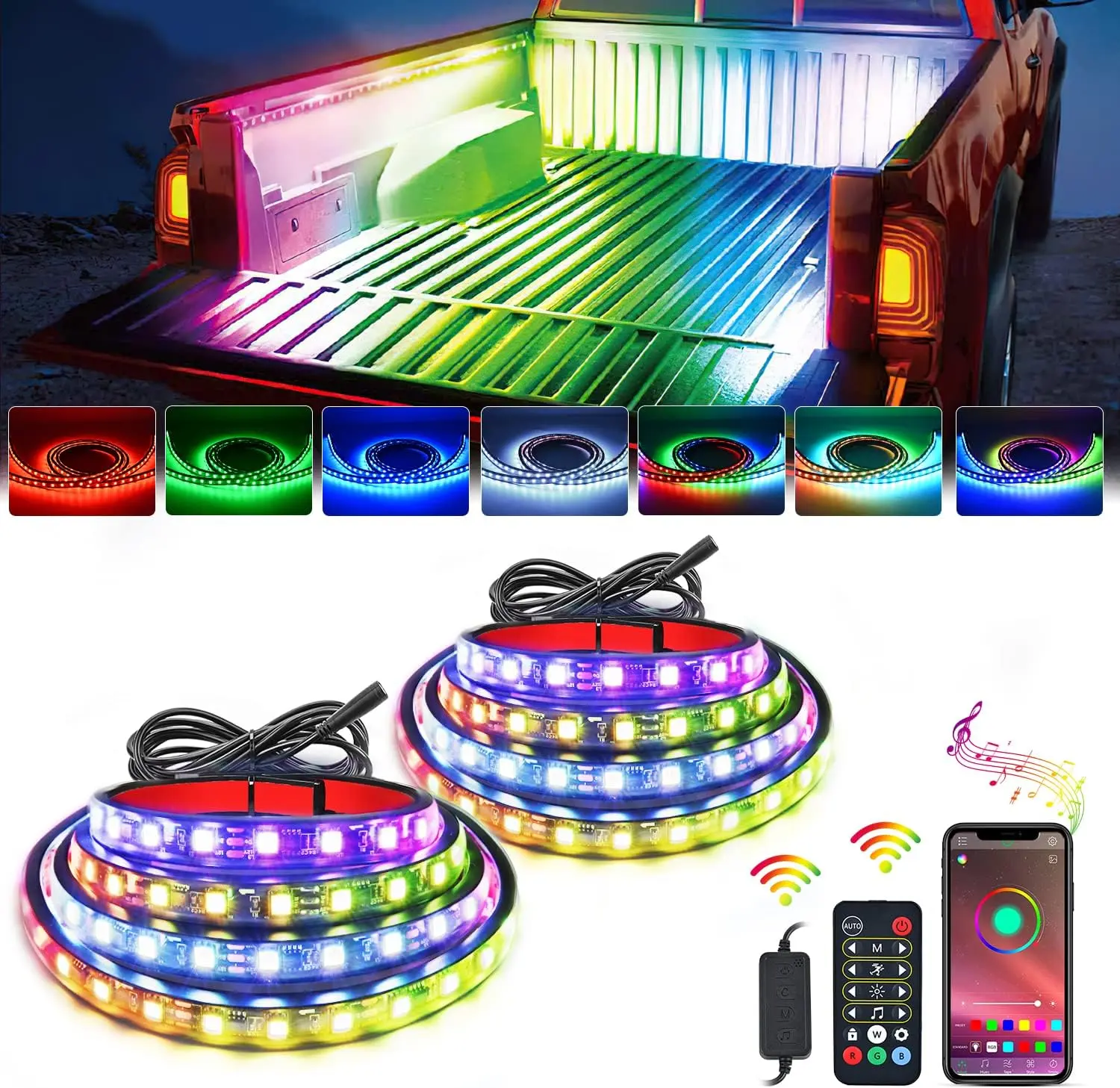 Nilight 2PCS 60in Dynamic LED Truck Bed Light Strips - Adjustable RGB Multicolored Lighting, Music Synchronization, APP/RF Remote Control, Waterproof Vehicle Decorative Lights for Pickups, Adjustable Rgb Lighting, Dynamic Led Lights