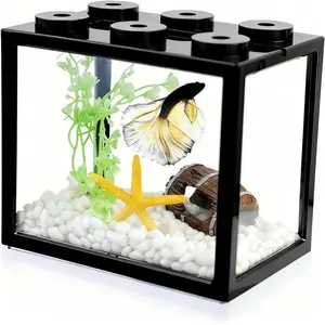 Small Betta Fish Tank Stackable Mini Aquarium 0.6 Gallon Cube Desktop Fishbowl with Gravel Resin Decorations for Snails Crabs Starfish Pink