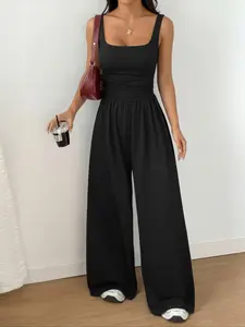 Women's New Knitted Plain Square Neck Fitted Vest, Fashionable Comfortable Simple Minimalist Casual Design, Versatile Wide Leg Jumpsuit, All-Season Wear