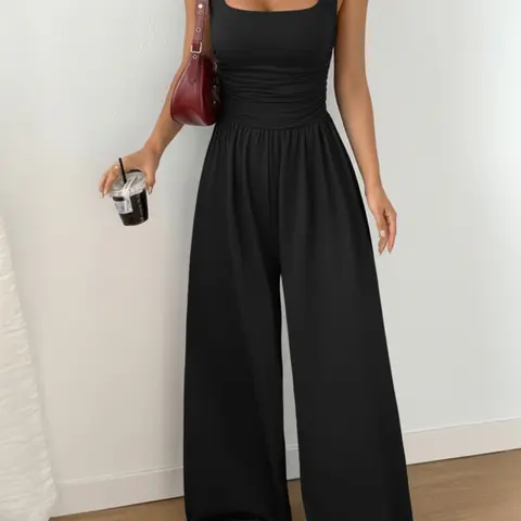 New Women's Knitted Plain Square Neck Fitted Wide Leg Jumpsuit, Overall Jumpsuits, Simple Minimalist Casual Design, Versatile Casual Fashion Jumpsuit for All-Season Wear, Casual Comfy Jumpsuit
