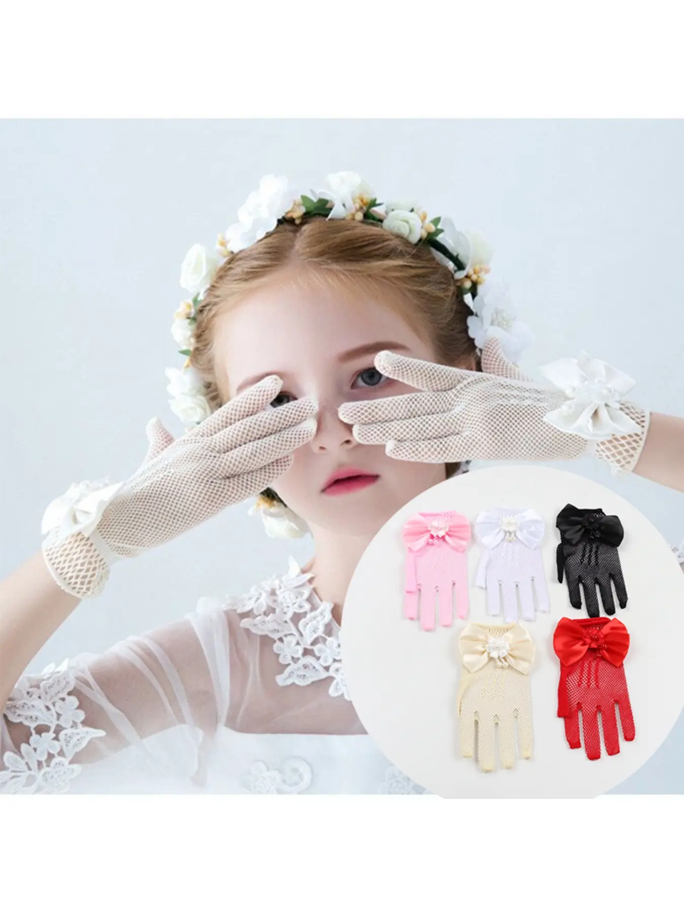 New small-size hand gloves summer thin women's stretch mesh bow performance bridal wedding fingerless white gloves
