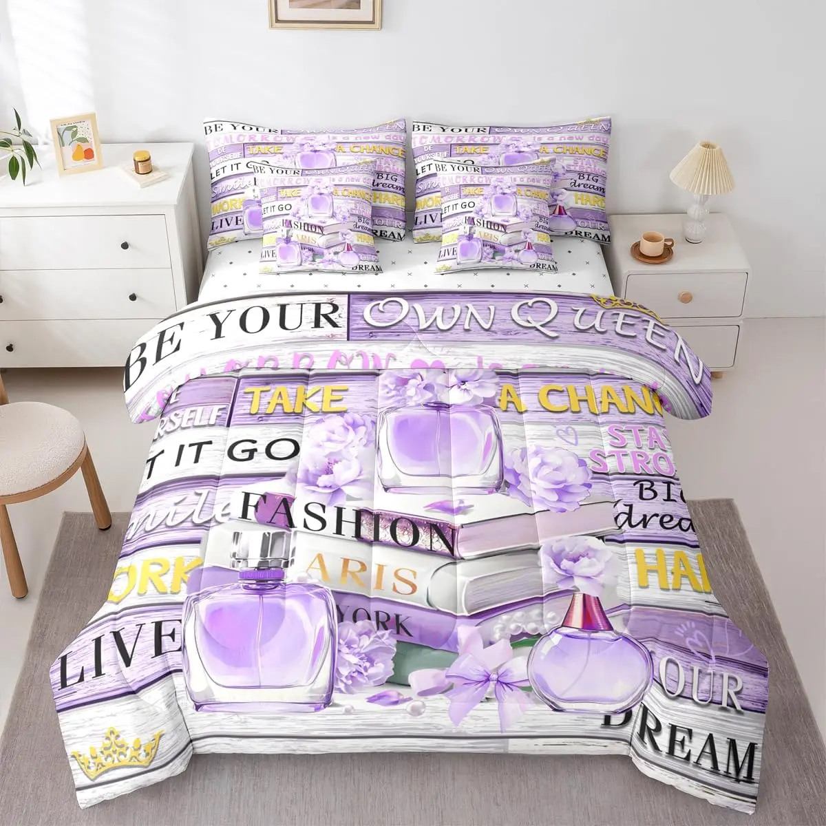 Violet Fashion Bed in a Bag,Girly Aesthetic Modern Comforter Set,Inspirational Quotes Elegant Coquette Perfume 7 Pcs Bedding Set