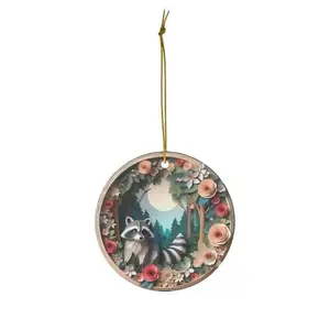 Raccoon Ceramic Christmas Ornament - White Circle, Star, Heart and Oval Shapes