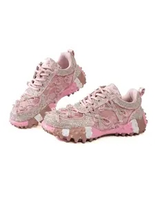 Sweet Cool Girl Style Rhinestone Lace Rose Bow Dad Shoes, Thick Rubber Sole Height Boost Slimming Anti-Slip Casual Streetwear Sports Shoes