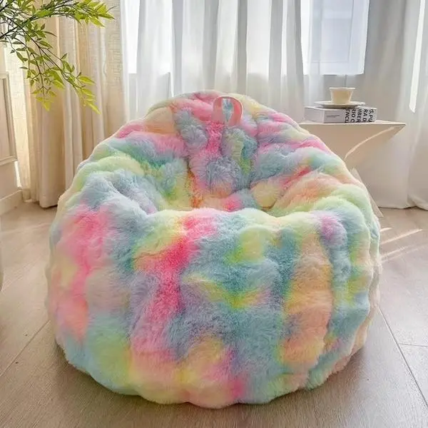 Fluffy Faux Rabbit Fur Bean Bag Cover (No Filler), Soft Fuzzy Stuffed Animal Storage Bubble Waffle Bean Bag for Plush Toys, Comfy Shaggy Furry Beanbag Cover Kids Girls Adults, Rainbow