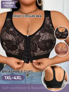 Morelect Plus Size Lace Push-Up Bra, 2-Pack, 1xl-4xl, Easy-On Front Buckle, Breathable, Comfortable Backless Underwear