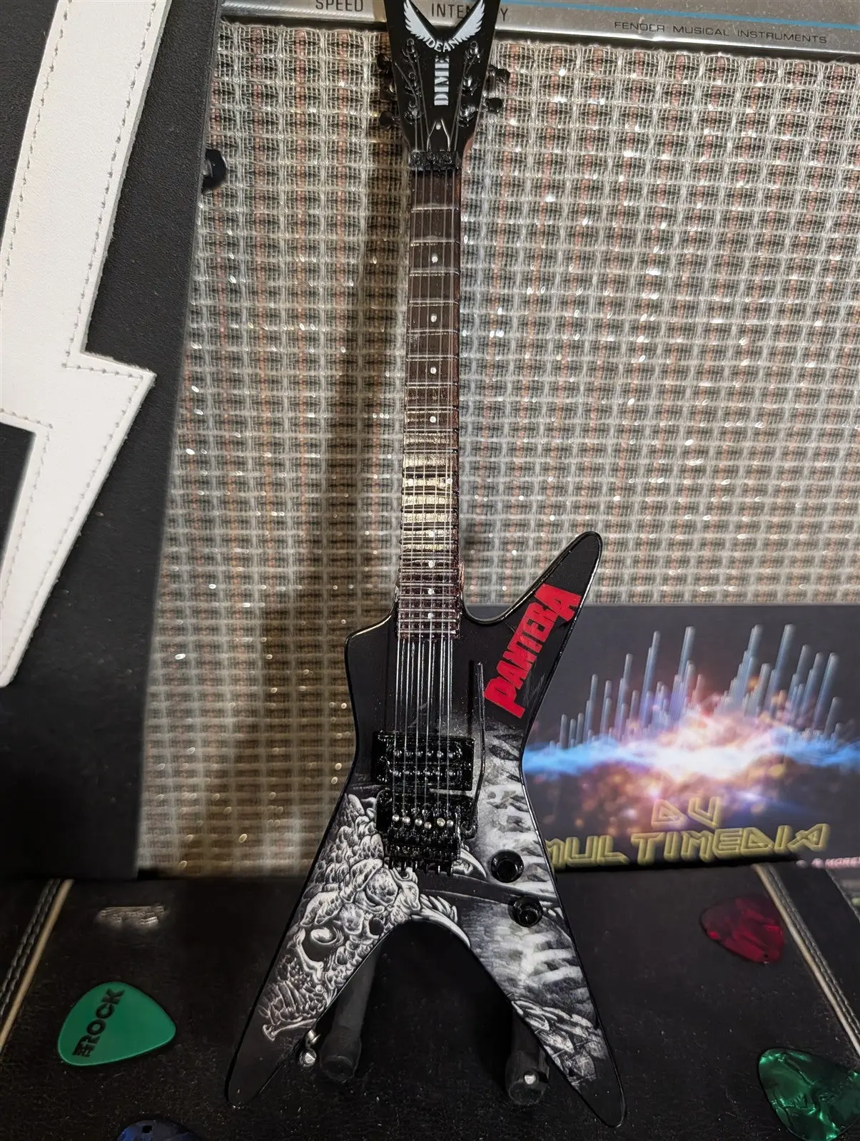 Dimebag Darrell Black & White Southern Trendkill ML Metal Guitar Collectible Figurine - 1:4 Scale Replica with Distressed Look, Adjustable Display Stand, Palm-Designed Guitar Gift Box, Amazing Quality Decor