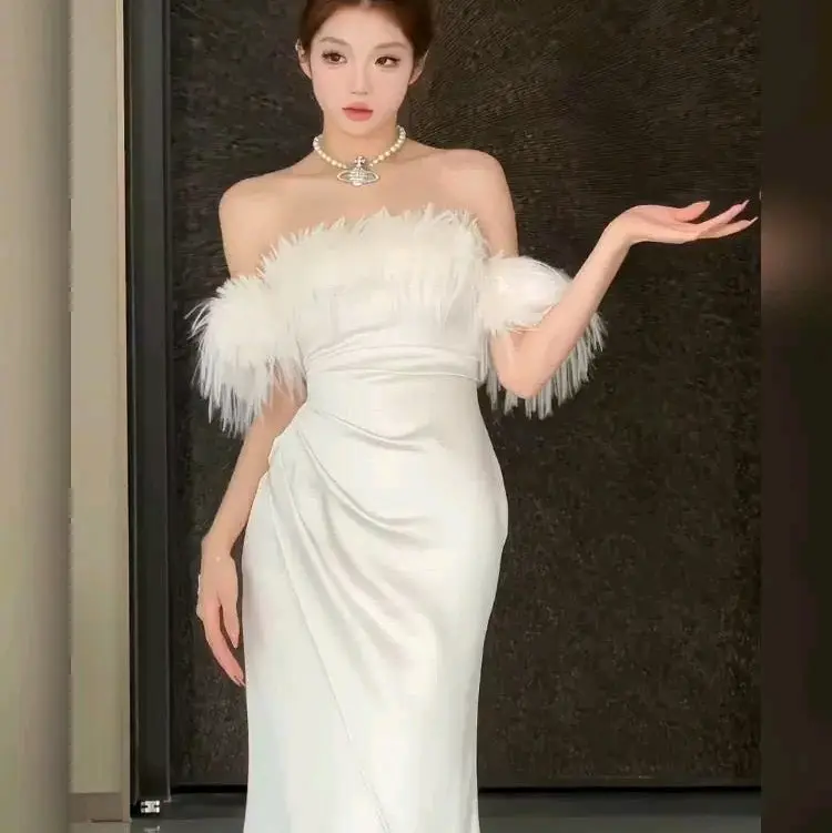 Poison Apple Off-Shoulder Feather Evening Dress