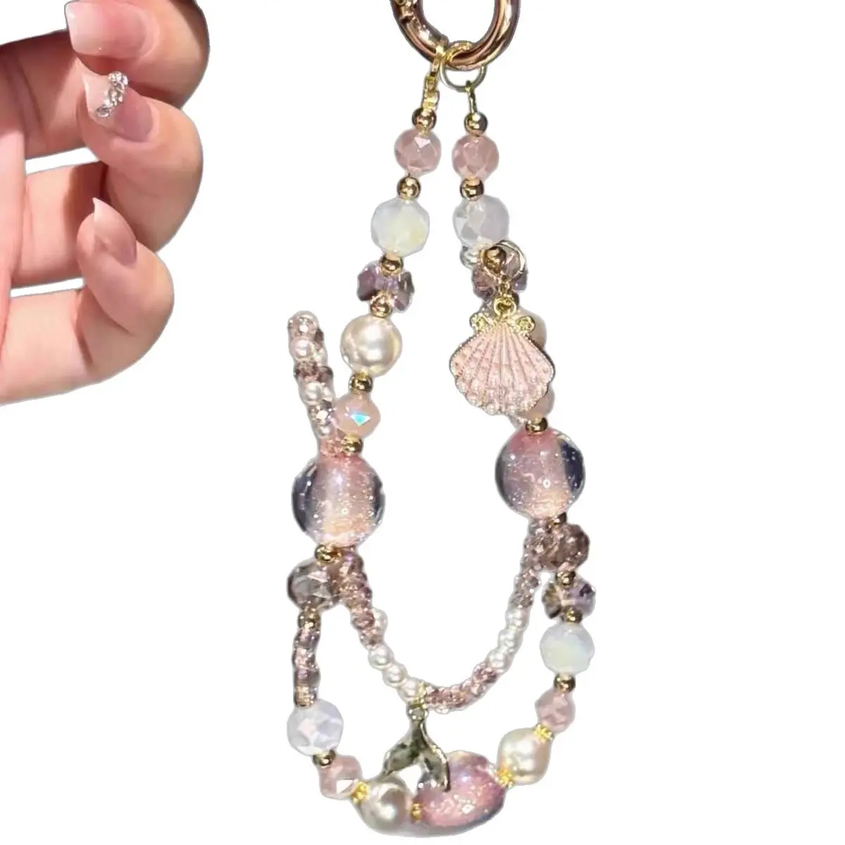 Beaded Phone Charm Wrist Strap, Summer Ocean Pink Shell Star Bead Chain, Multifunctional Keychain Bag Purse Charm Pendant for Women Girls