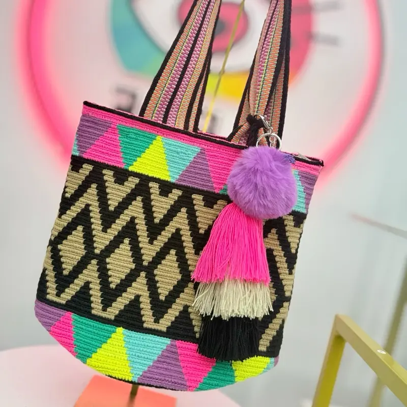Mini Mochilón Macondo – Colorful Handwoven Wayuu Tote Bag with Double Straps, Tassels & Pom Pom