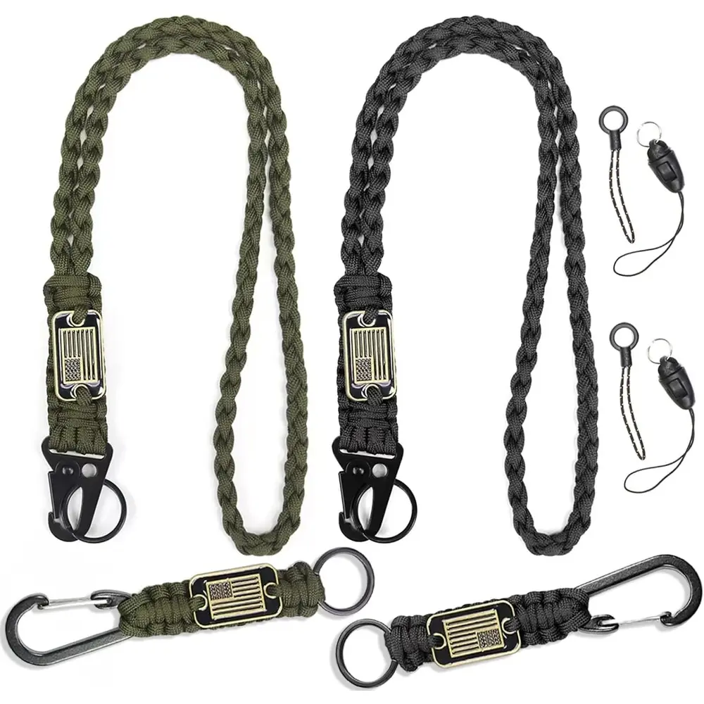 2/4PCS Heavy Duty Paracord Lanyard Keychain with USA Flag, Braided key lanyard for keys for men Long/Short Keychain